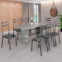 Conjunto Sala de Jantar Mesa Retangular 180x75cm Tampo Granito Topázio 8 Cadeiras Marselha Preto/Floral/Mart Prata Conjunto Sala de Jantar Mesa Retangular 180x75cm Tampo Granito Topázio 8 Cadeiras Marselha Preto/Floral/Mart Prata