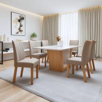 Conjunto Sala de Jantar Mesa Retangular 6 Cadeiras Tampo de Vidro Apogeu 170cm Amêndoa Clean/Off White/Naturale Creme Conjunto Sala de Jantar Mesa Retangular 6 Cadeiras Tampo de Vidro Apogeu 170cm Amêndoa Clean/Off White/Naturale Creme