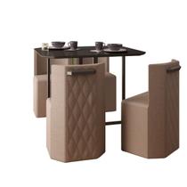 Conjunto Sala de Jantar Mesa Retangular e 4 Cadeiras Estofadas PIN Tampo e vidro preto/Tecido veludo marrom.