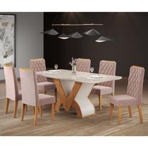 Conjunto Sala de Jantar Mesa Retangular Novita com 6 Cadeiras Iza Mel/Off White/Rosa