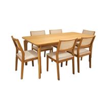 Conjunto Sala de Jantar Mesa Siena 180x90 Tampo Madeira Canto Copo 6 Cadeiras Viena Tela Sintética Madeira Maciça Cinamo