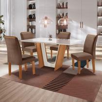 Conjunto Sala de Jantar Mesa Tampo Dakota Plus Vidro 120x80cm com 4 Cadeiras Luisa Yescasa Marrom/Cinamomo/Off White/Suede Animale