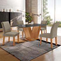Conjunto Sala de Jantar Mesa Tampo de Vidro 4 Cadeiras MDF Espanha Yescasa Cinamomo/Grafite/Veludo Bege Escuro