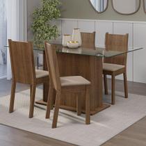 Conjunto Sala de Jantar Mesa Tampo de Vidro 4 Cadeiras Rustic/Sintético Bege Espanha Madesa Conjunto Sala de Jantar Mesa Tampo de Vidro 4 Cadeiras Rustic/Sintético Bege Espanha Madesa