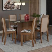Conjunto Sala de Jantar Mesa Tampo de Vidro 6 Cadeiras Rustic/Crema/Floral Hibiscos Yolanda Madesa