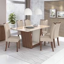 Conjunto Sala de Jantar Mesa Tampo de Vidro/MDF 6 Cadeiras Apogeu Móveis Lopas Imbuia Naturale/Off White/Linho Rinzai Bege