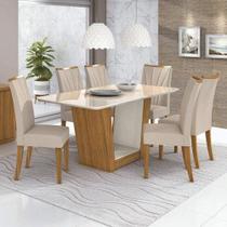 Conjunto Sala de Jantar Mesa Tampo de Vidro/MDF 6 Cadeiras Apogeu Móveis Lopas Rovere Naturale/Off White/Linho Rinzai Be