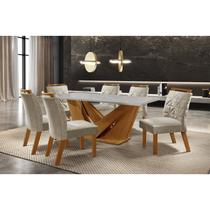 Conjunto Sala de Jantar Mesa Tampo em Mdf/vidro e 6 Cadeiras Apolo Chanfro Premium Yescasa Castanho Cinamomo / Pena Bege / Off White