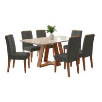 Conjunto Sala De Jantar Mesa Tampo Em Vidro 1,60m Maria 6 Cadeiras Tati Madeirado - Cinza