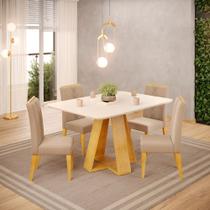 Conjunto Sala de Jantar Mesa Tampo Retangular Chanfrado Curvo Mad/Vid 120 x 90cm Kiara Cedro Off White e 4 Cadeiras Yasmin Veludo Kraft- MABE MAGAZIN