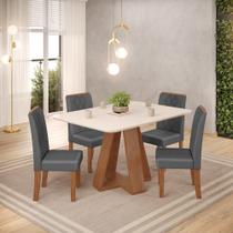 Conjunto Sala de Jantar Mesa Tampo Retangular Chanfrado Curvo Mad/Vid 120 x 90cm Kiara Freijó Off White e 4 Cadeiras Ayla Veludo Lunar- MABE MAGAZINE