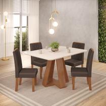 Conjunto Sala de Jantar Mesa Tampo Retangular Chanfrado Curvo Mad/Vid 120 x 90cm Kiara Freijó Off White e 4 Cadeiras Ayla Veludo Moca- MABE MAGAZINE