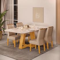 Conjunto Sala de Jantar Mesa Tampo Retangular Chanfrado Curvo Mad/Vid 160 x 90cm Kiara Cedro Off White e 4 Cadeiras Lídia Veludo Kraft- MABE MAGAZINE