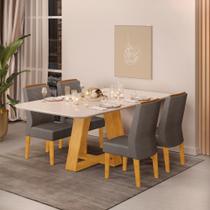 Conjunto Sala de Jantar Mesa Tampo Retangular Chanfrado Curvo Mad/Vid 160 x 90cm Kiara Cedro Off White e 4 Cadeiras Lídia Veludo Lunar- MABE MAGAZINE