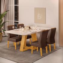 Conjunto Sala de Jantar Mesa Tampo Retangular Chanfrado Curvo Mad/Vid 160 x 90cm Kiara Cedro Off White e 4 Cadeiras Lídia Veludo Moca- MABE MAGAZINE