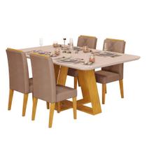 Conjunto Sala de Jantar Mesa Tampo Retangular Chanfrado Curvo Mad/Vid 160 x 90cm Kiara Cedro Off White e 4 Cadeiras Yasmin Veludo Kraft- MABE MAGAZIN
