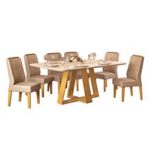 Conjunto Sala de Jantar Mesa Tampo Retangular Chanfrado Curvo Mad/Vid 160 x 90cm Kiara Cedro Off White e 6 Cadeiras Lídia Veludo Kraft- MABE MAGAZINE