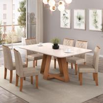 Conjunto Sala de Jantar Mesa Tampo Retangular Chanfrado Curvo Mad/Vid 160 x 90cm Kiara Freijó Off White e 6 Cadeiras Ayla Veludo Kraft- MABE MAGAZINE