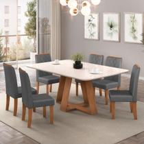 Conjunto Sala de Jantar Mesa Tampo Retangular Chanfrado Curvo Mad/Vid 160 x 90cm Kiara Freijó Off White e 6 Cadeiras Ayla Veludo Lunar- MABE MAGAZINE