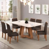 Conjunto Sala de Jantar Mesa Tampo Retangular Chanfrado Curvo Mad/Vid 160 x 90cm Kiara Freijó Off White e 6 Cadeiras Ayla Veludo Moca- MABE MAGAZINE