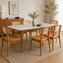 Conjunto Sala de Jantar Mesa Tangará Vidro e 6 Cadeiras Liz Madeira Maciça CabeCasa MadeiraOriginals Marrom/Off White/Caramelo