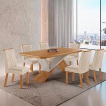 Conjunto Sala de Jantar Mesa Texas Tampo 180cm Canto Copo MDF e 6 Cadeiras Kate Marrom Creme/Naturalle/Off White Marromle
