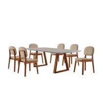 Conjunto Sala de Jantar Mesa Viena 160x90cm Tampo Retângular Vidro/MDF Off White com 6 Cadeiras Évora Móveis Minas