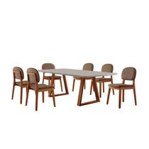 Conjunto Sala de Jantar Mesa Viena 160x90cm Tampo Retângular Vidro/MDF Off White com 6 Cadeiras Évora Móveis Minas