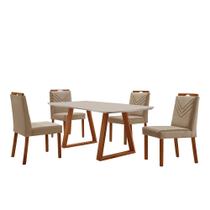 Conjunto Sala de Jantar Mesa Viena Madeira Maciça 140x80cm Tampo Retângular Vidro Off White com 4 Cadeiras Maia com Puxador Móveis Minas