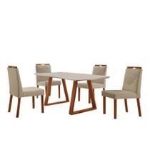 Conjunto Sala de Jantar Mesa Viena Madeira Maciça 140x80cm Tampo Retângular Vidro Off White com 4 Cadeiras Maia com Puxador Móveis Minas