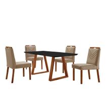 Conjunto Sala de Jantar Mesa Viena Madeira Maciça 140x80cm Tampo Retangular Vidro Preto com 4 Cadeiras Maia com Puxador Móveis Minas