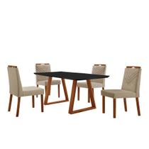 Conjunto Sala de Jantar Mesa Viena Madeira Maciça 140x80cm Tampo Retângular Vidro Preto com 4 Cadeiras Maia com Puxador Móveis Minas