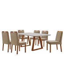 Conjunto Sala de Jantar Mesa Viena Madeira Maciça 160x90cm Tampo Retângular Vidro Off White com 6 Cadeiras Ágata com Puxador Móveis Minas