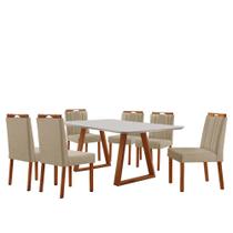 Conjunto Sala de Jantar Mesa Viena Madeira Maciça 160x90cm Tampo Retângular Vidro Off White com 6 Cadeiras Ágata com Puxador Móveis Minas