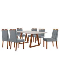 Conjunto Sala de Jantar Mesa Viena Madeira Maciça 160x90cm Tampo Retângular Vidro Off White com 6 Cadeiras Ágata com Puxador Móveis Minas