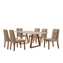 Conjunto Sala de Jantar Mesa Viena Madeira Maciça 160x90cm Tampo Retangular Vidro Off White com 6 Cadeiras Maia com Puxador Móveis Minas
