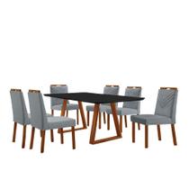 Conjunto Sala de Jantar Mesa Viena Madeira Maciça 160x90cm Tampo Retângular Vidro Preto com 6 Cadeiras Maia com Puxador Móveis Minas