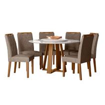 Conjunto Sala de Jantar Mesa Vitoria 135X135 6 Cadeiras Sarah Ype/Off White/Suede Marrom