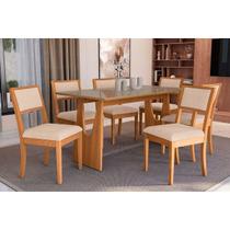 Conjunto Sala de Jantar Mila Premium Madeira Maciça c/ Tampo Madeirado c/ Vidro 160x90cm e 6 Cadeiras Alice Carvalho/Freijo Bronze - Linho Bege Argila