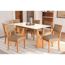 Conjunto Sala de Jantar Mila Premium Madeira Maciça c/ Tampo Madeirado c/ Vidro 160x90cm e 6 Cadeiras Alice Carvalho/Off White - Boucle Bege Fendi-Kap