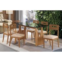 Conjunto Sala de Jantar Mila Premium Madeira Maciça c/ Tampo Madeirado c/ Vidro 170x90cm e 6 Cadeiras Lila Carvalho/Preto - Linho Bege Argila-Kappesbe