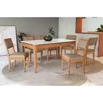 Conjunto Sala de Jantar Mira Premium Madeira Maciça c/ Tampo Madeirado c/ Vidro 160x90cm e 6 Cadeiras Alice Carvalho/Off White - Boucle Bege Fendi-Kap