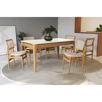 Conjunto Sala de Jantar Mira Premium Madeira Maciça c/ Tampo Madeirado c/ Vidro 160x90cm e 6 Cadeiras Stela Carvalho/Off White - Boucle Bege Fendi-Kap Conjunto Sala de Jantar Mira Premium Madeira Maciça c/ Tampo Madeirado c/ Vidro 160x90cm e 6 Cadeiras Stela Carvalho/Off White - Boucle Bege Fendi-Kap