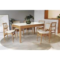 Conjunto Sala de Jantar Mira Premium Madeira Maciça c/ Tampo Madeirado c/ Vidro 160x90cm e 6 Cadeiras Stela Carvalho/Off White - Linho Bege Argila-Kap