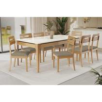 Conjunto Sala de Jantar Mira Premium Madeira Maciça c/ Tampo Madeirado c/ Vidro 200x100cm e 8 Cadeiras Lara Carvalho/Off White - Boucle Bege Fendi-Kap Conjunto Sala de Jantar Mira Premium Madeira Maciça c/ Tampo Madeirado c/ Vidro 200x100cm e 8 Cadeiras Lara Carvalho/Off White - Boucle Bege Fendi-Kap