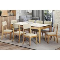 Conjunto Sala de Jantar Mira Premium Madeira Maciça c/ Tampo Madeirado c/ Vidro 200x100cm e 8 Cadeiras Telma Carvalho/Off White - Boucle Bege-Kappesbe