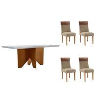 Conjunto Sala de Jantar Nevada c/ Tampo Madeirado c/ Vidro Canto Curvo 120x80cm e 4 Cadeiras Jaspe Madeira Maciça Naturale/Off White - Capuccino/Linho Conjunto Sala de Jantar Nevada c/ Tampo Madeirado c/ Vidro Canto Curvo 120x80cm e 4 Cadeiras Jaspe Madeira Maciça Naturale/Off White - Capuccino/Linho
