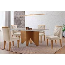 Conjunto Sala de Jantar Nevada c/ Tampo Madeirado c/ Vidro Canto Curvo 120x80cm e 4 Cadeiras Pietá Madeira Maciça Naturale/Off White - Capuccino/Suede
