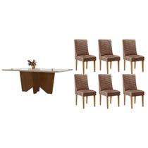 Conjunto Sala de Jantar Nevada c/ Tampo Madeirado c/ Vidro Canto Curvo 180x90cm e 6 Cadeiras Maldivas Madeira Maciça Naturale/Off White - Capuccino/Co Conjunto Sala de Jantar Nevada c/ Tampo Madeirado c/ Vidro Canto Curvo 180x90cm e 6 Cadeiras Maldivas Madeira Maciça Naturale/Off White - Capuccino/Co