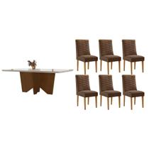 Conjunto Sala de Jantar Nevada c/ Tampo Madeirado c/ Vidro Canto Curvo 180x90cm e 6 Cadeiras Maldivas Madeira Maciça Naturale/Off White - Capuccino/Su Conjunto Sala de Jantar Nevada c/ Tampo Madeirado c/ Vidro Canto Curvo 180x90cm e 6 Cadeiras Maldivas Madeira Maciça Naturale/Off White - Capuccino/Su